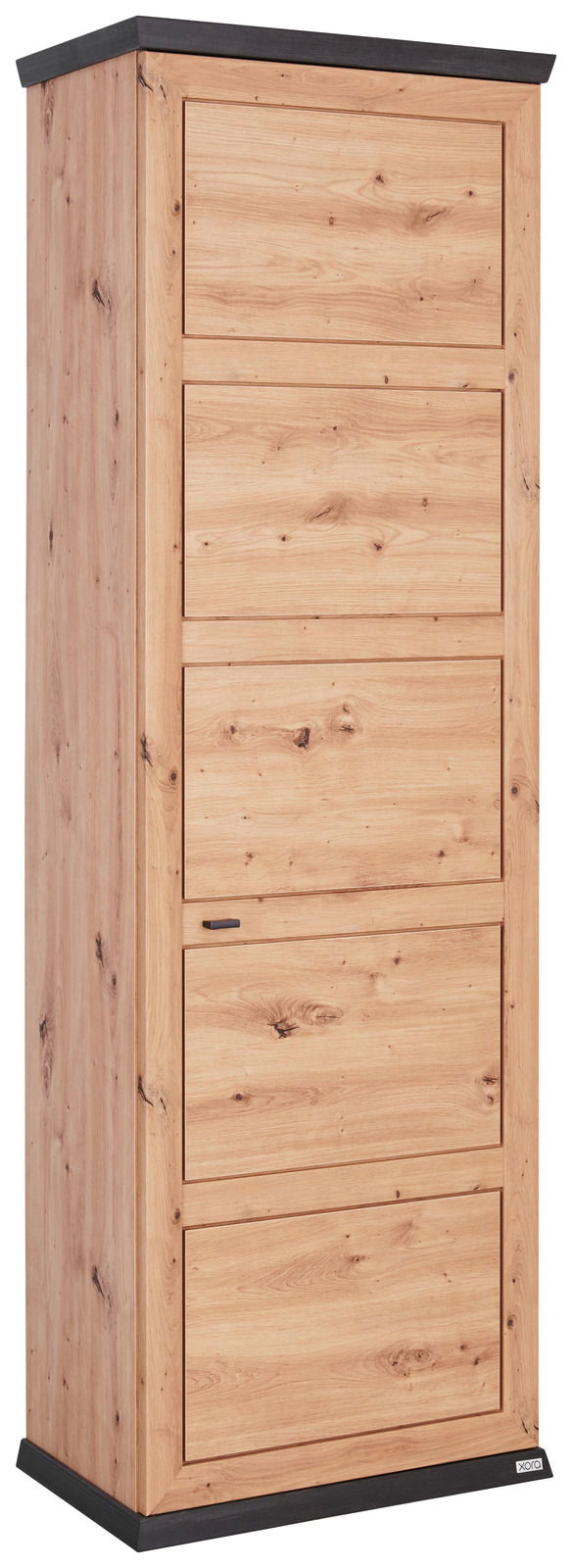 Garderobenschrank aus Holz in Frontansicht mit vier Türen und dunklen Akzenten an Ober- und Unterseite.