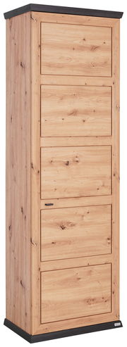 Garderobenschrank aus Holz in Frontansicht mit vier Türen und dunklen Akzenten an Ober- und Unterseite.