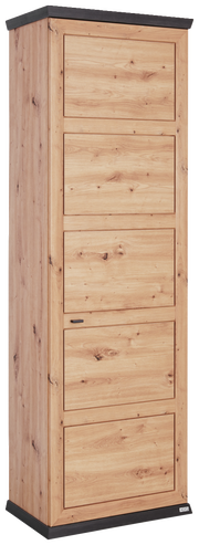 Garderobenschrank aus Holz in Frontansicht mit vier Türen und dunklen Akzenten an Ober- und Unterseite.