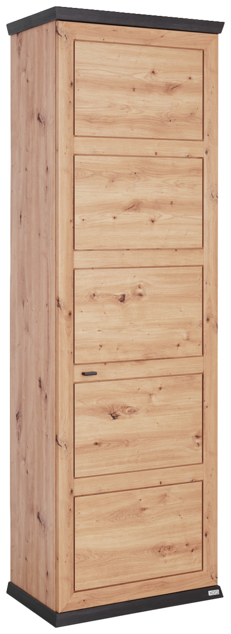 Garderobenschrank aus Holz in Frontansicht mit vier Türen und dunklen Akzenten an Ober- und Unterseite.