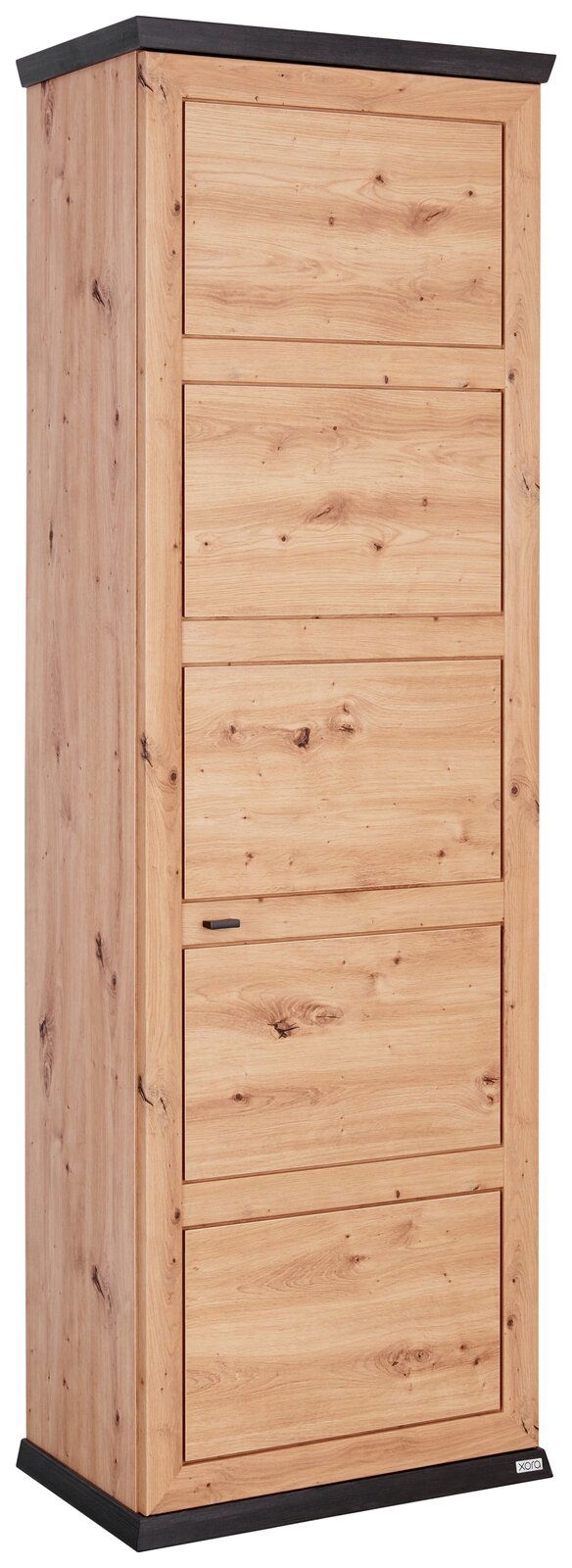 XORA Garderobenschrank BENTON Garderobenschrank aus Holz in Frontansicht mit vier Türen und dunklen Akzenten an Ober- und Unterseite.