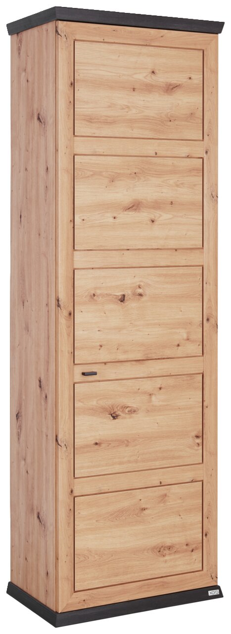 XORA Garderobenschrank BENTON Garderobenschrank aus Holz in Frontansicht mit vier Türen und dunklen Akzenten an Ober- und Unterseite.