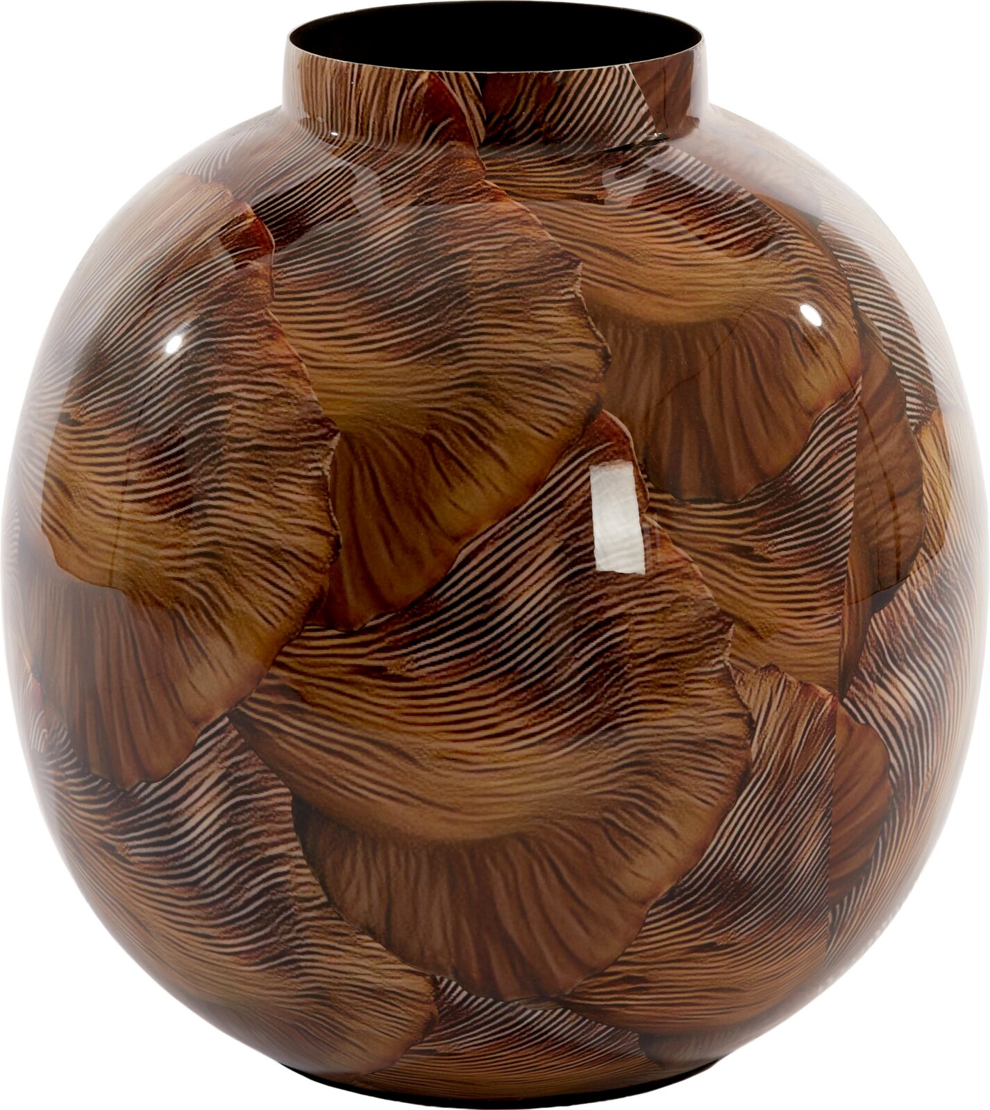 Vooraanzicht van een bolvormige decoratieve vaas met smalle opening, glanzende afwerking en abstract houtnerfpatroon in warme bruintinten