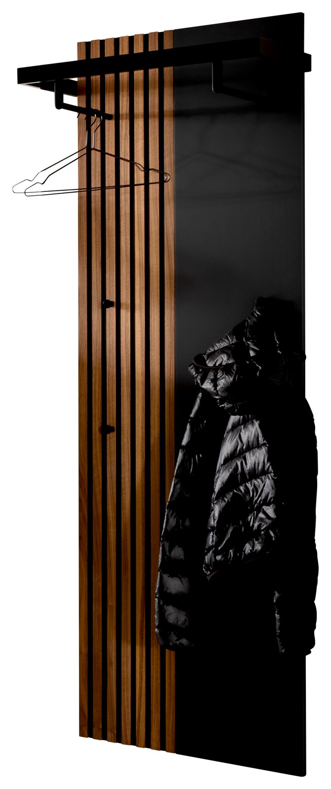 Moderano Garderobenpaneel ARTA Garderobenpaneel mit schwarzer und holzfarbener Oberfläche, ausgestattet mit Kleiderhaken und einer Ablage. Perspektive von vorne.