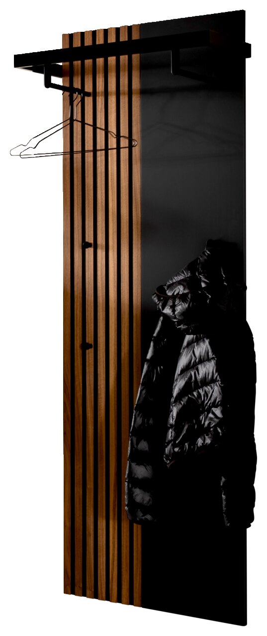 Moderano Garderobenpaneel ARTA Garderobenpaneel mit schwarzer und holzfarbener Oberfläche, ausgestattet mit Kleiderhaken und einer Ablage. Perspektive von vorne.