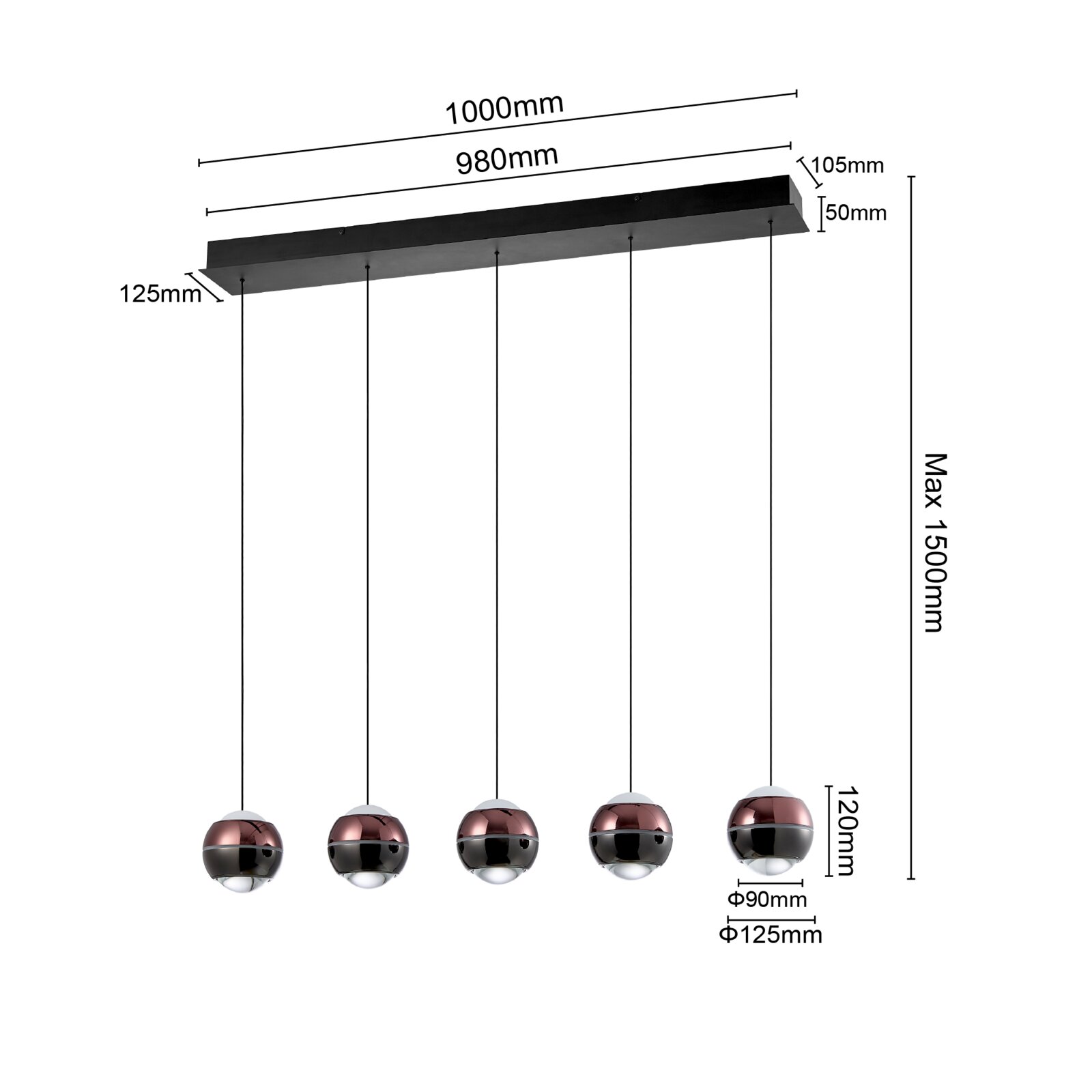 Fünfflammige Pendelleuchte mit schwarzer Deckenleiste und fünf kugelförmigen Glas-Schirmen in Rauchgrau/Chrom, Maßgrafik mit 1000 mm Länge und max. 1500 mm Abhängung, Perspektive: leicht von unten in schräger Frontansicht