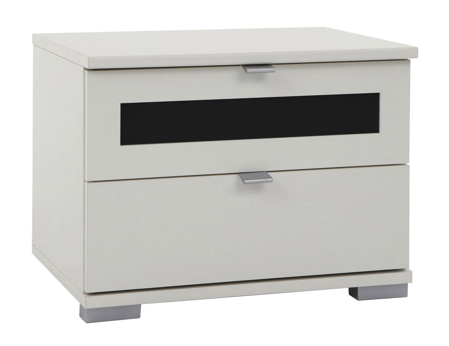 Weiße Nachtkonsole mit zwei Schubladen, moderne Griffe und schwarzem Akzent, seitliche Perspektive
