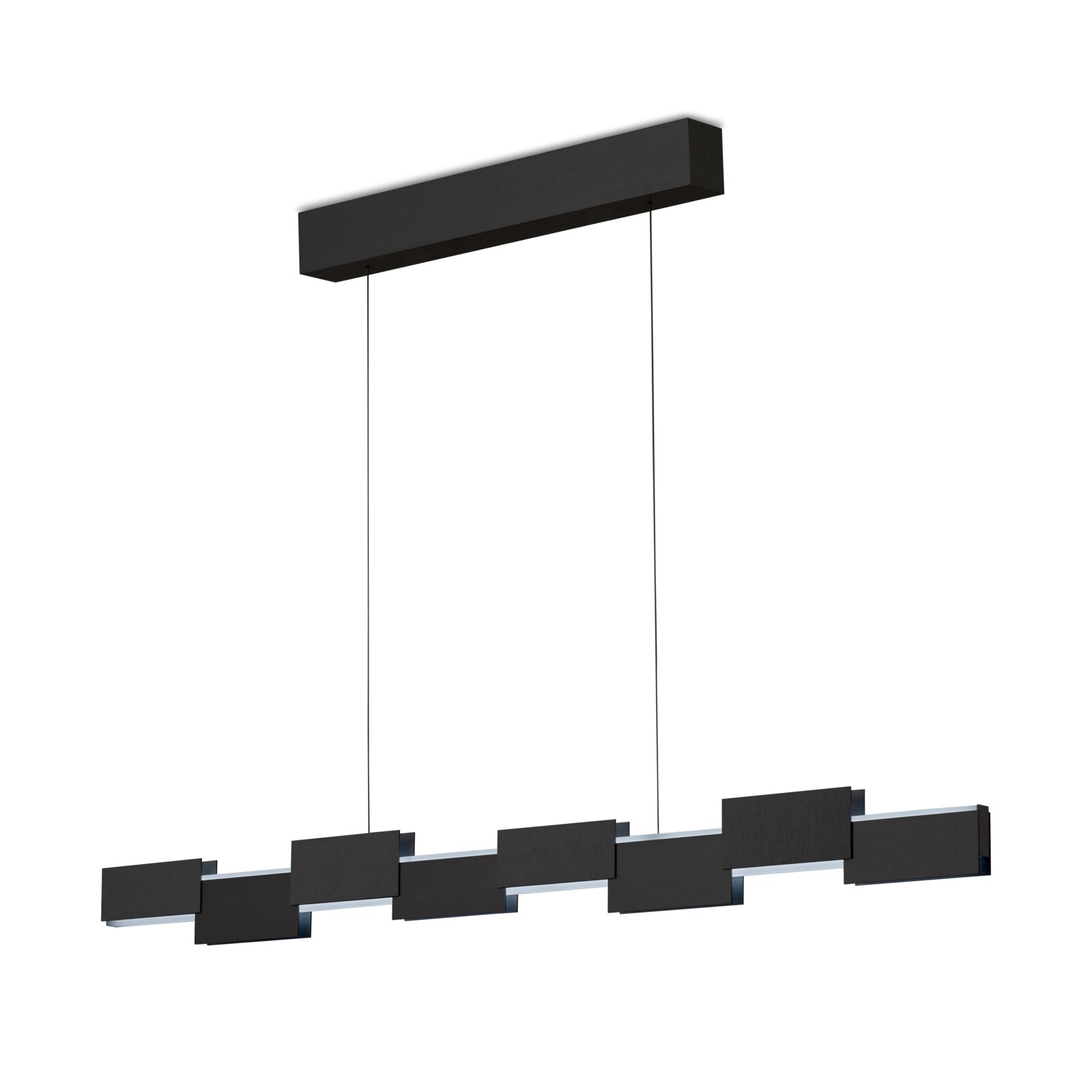 Moderne schwarze LED-Pendelleuchte mit geometrisch versetzten rechteckigen Elementen und schlanker Deckenhalterung, aus seitlicher Untersicht vor weißem Hintergrund