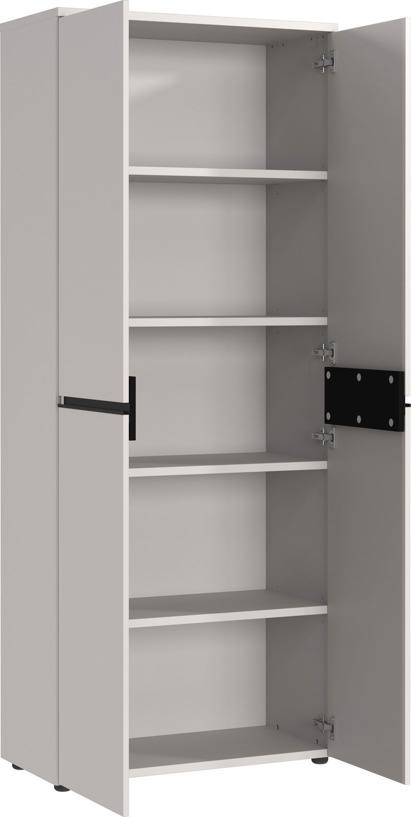 Offener Aktenschrank mit mehreren Regalböden, seitliche Perspektive