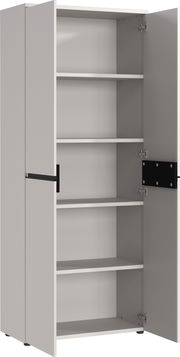 Offener Aktenschrank mit mehreren Regalböden, seitliche Perspektive