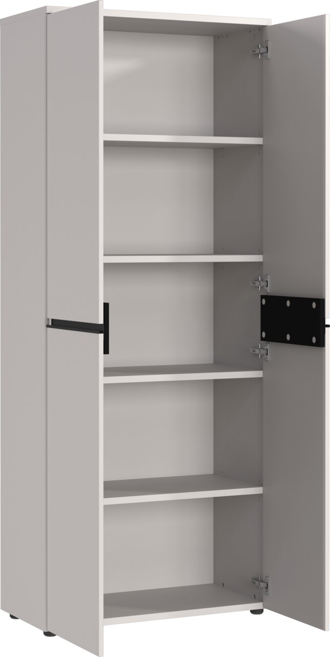 Offener Aktenschrank mit mehreren Regalböden, seitliche Perspektive