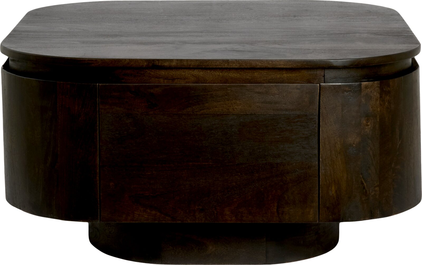 Dunkelbraunes Holz-Sideboard mit abgerundeten Seiten, grifflosen Fronten und breitem Sockel, frontal aus leicht erhöhter Perspektive auf weißem Hintergrund