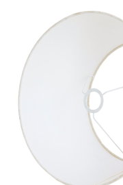 Nahaufnahme eines weißen, runden Lampenschirms mit Drahtgestell, von innen betrachtet.