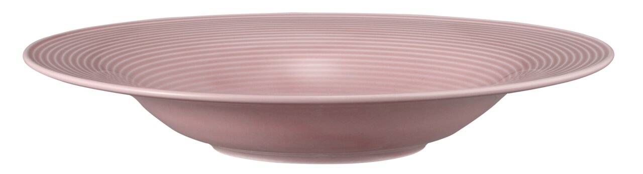 Rosa Pasta- und Salatteller mit geriffeltem Design, seitliche Perspektive