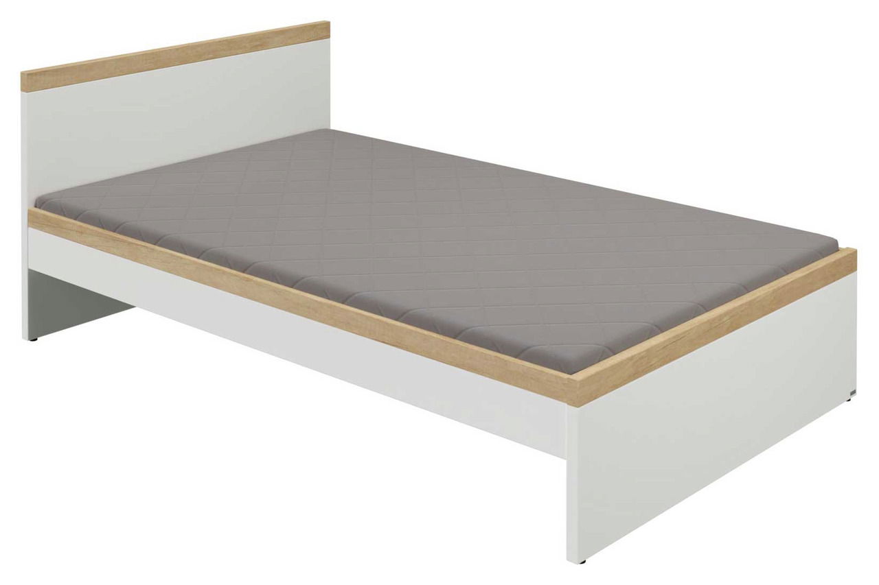 Jugendliege mit grauer Matratze und Holzdetails, seitliche Perspektive