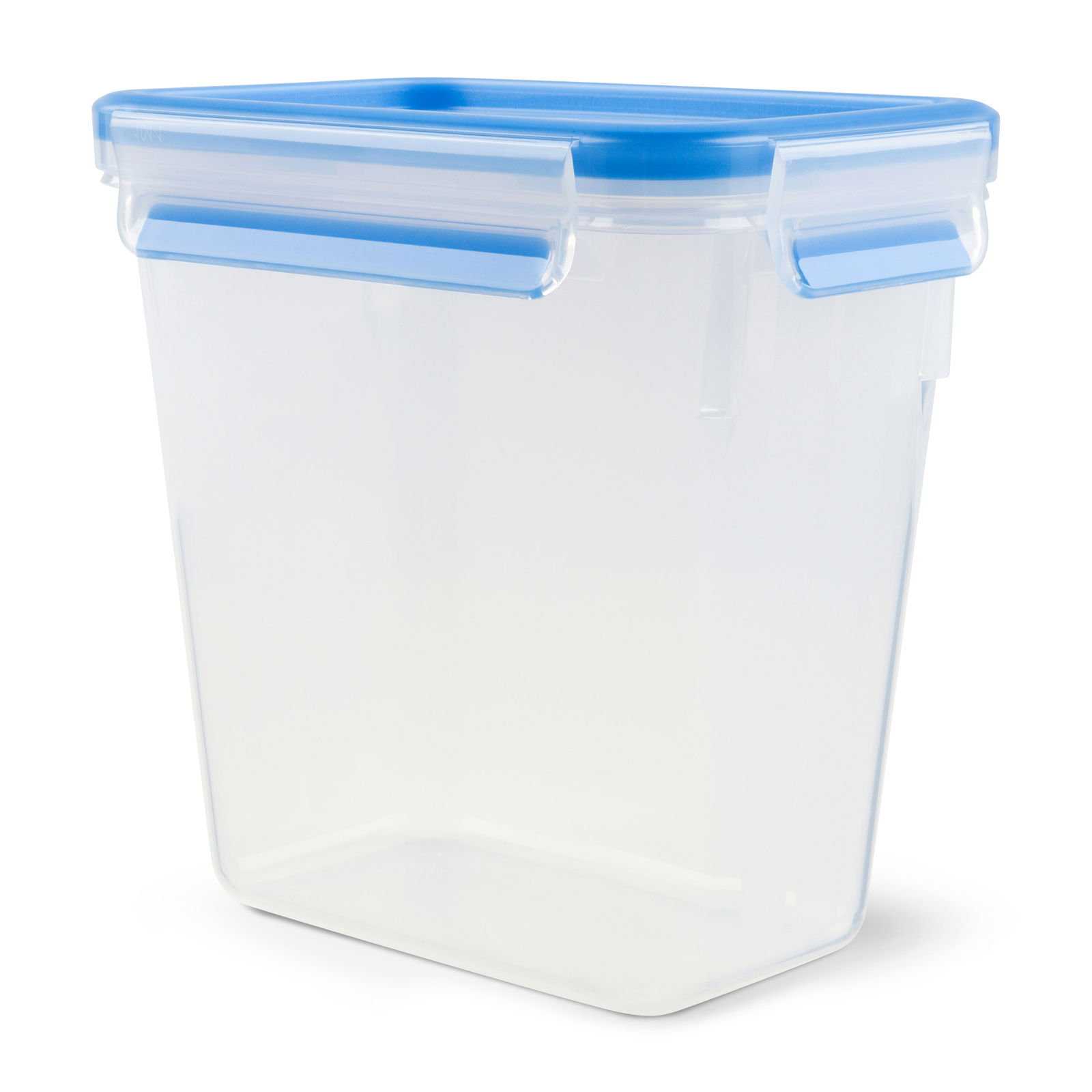 Transparente Kunststoffdose mit blauem Deckel, seitliche Perspektive