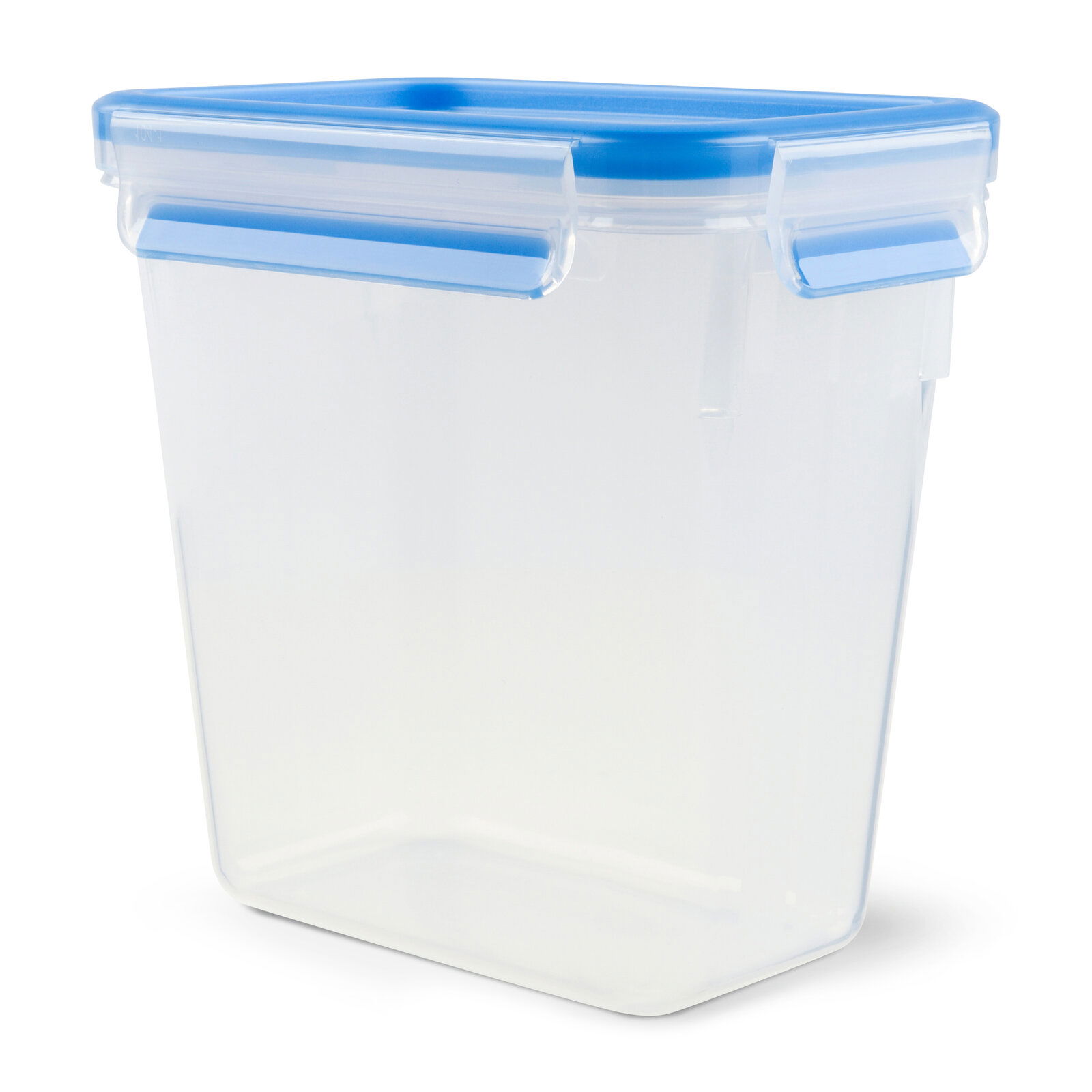 Transparente Kunststoffdose mit blauem Deckel, seitliche Perspektive