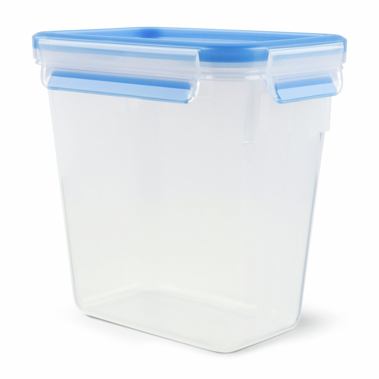 Transparente Kunststoffdose mit blauem Deckel, seitliche Perspektive
