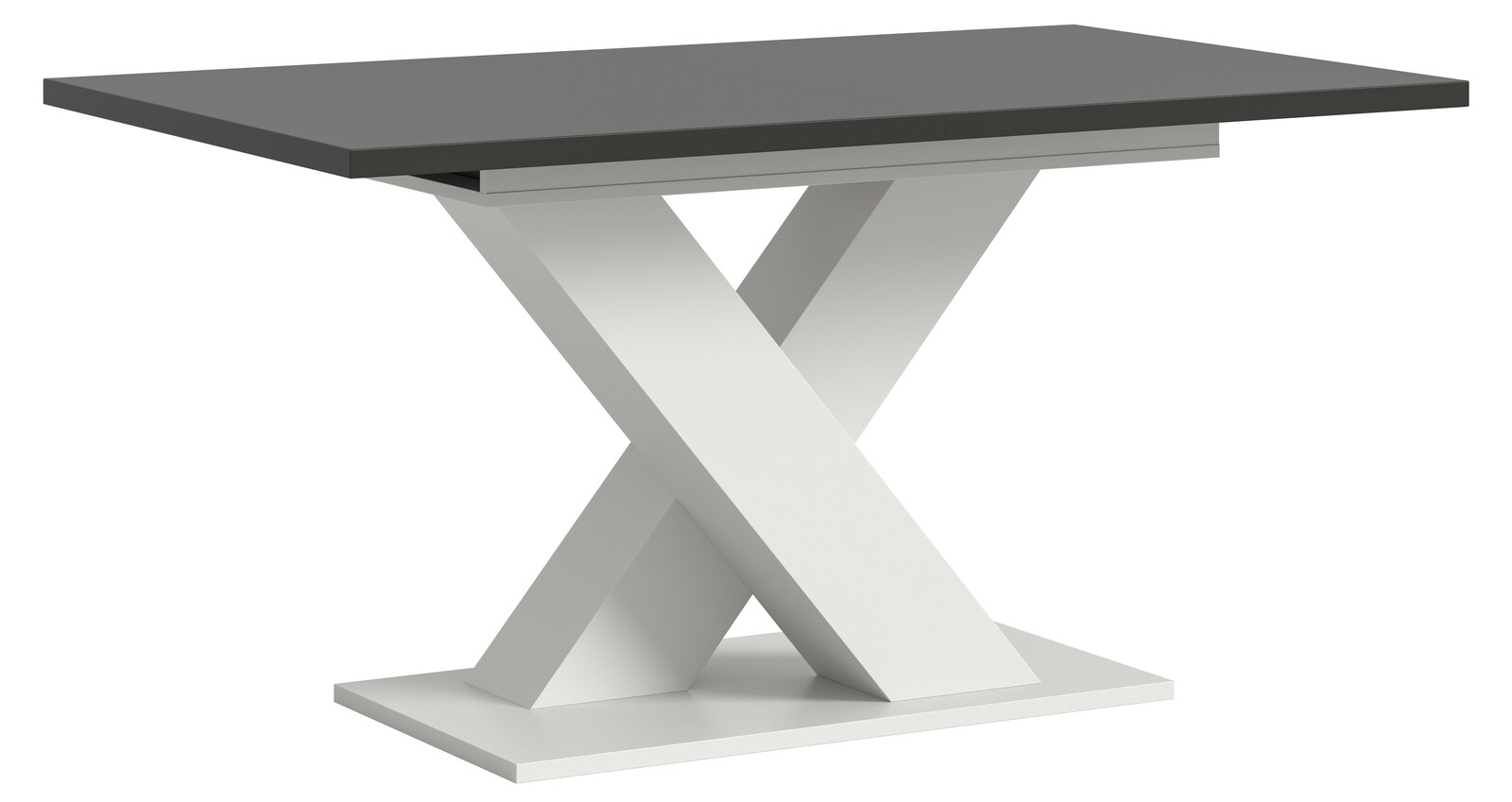 Moderner Esstisch mit X-förmigem Gestell in Weiß und dunkler Tischplatte, seitliche Perspektive