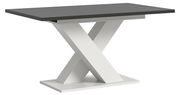 Moderner Esstisch mit X-förmigem Gestell in Weiß und dunkler Tischplatte, seitliche Perspektive