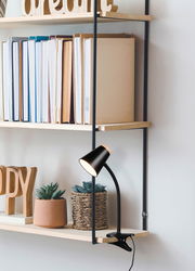 Schwarze Klemmleuchte an einem Regalbrett, umgeben von Büchern und Pflanzen, seitliche Perspektive.