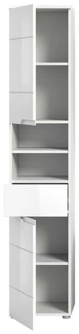 Weißer Hochschrank mit mehreren offenen Türen und Schublade, Frontalansicht