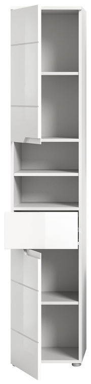 Weißer Hochschrank mit mehreren offenen Türen und Schublade, Frontalansicht