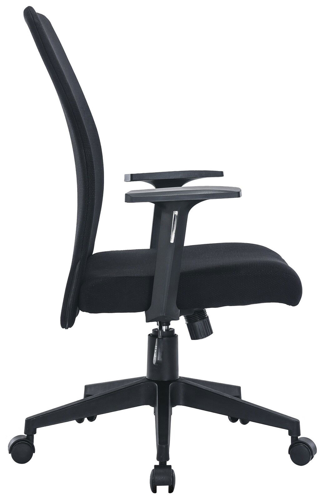 Schwarzer Drehstuhl von der Seite mit Armlehnen und Rollen