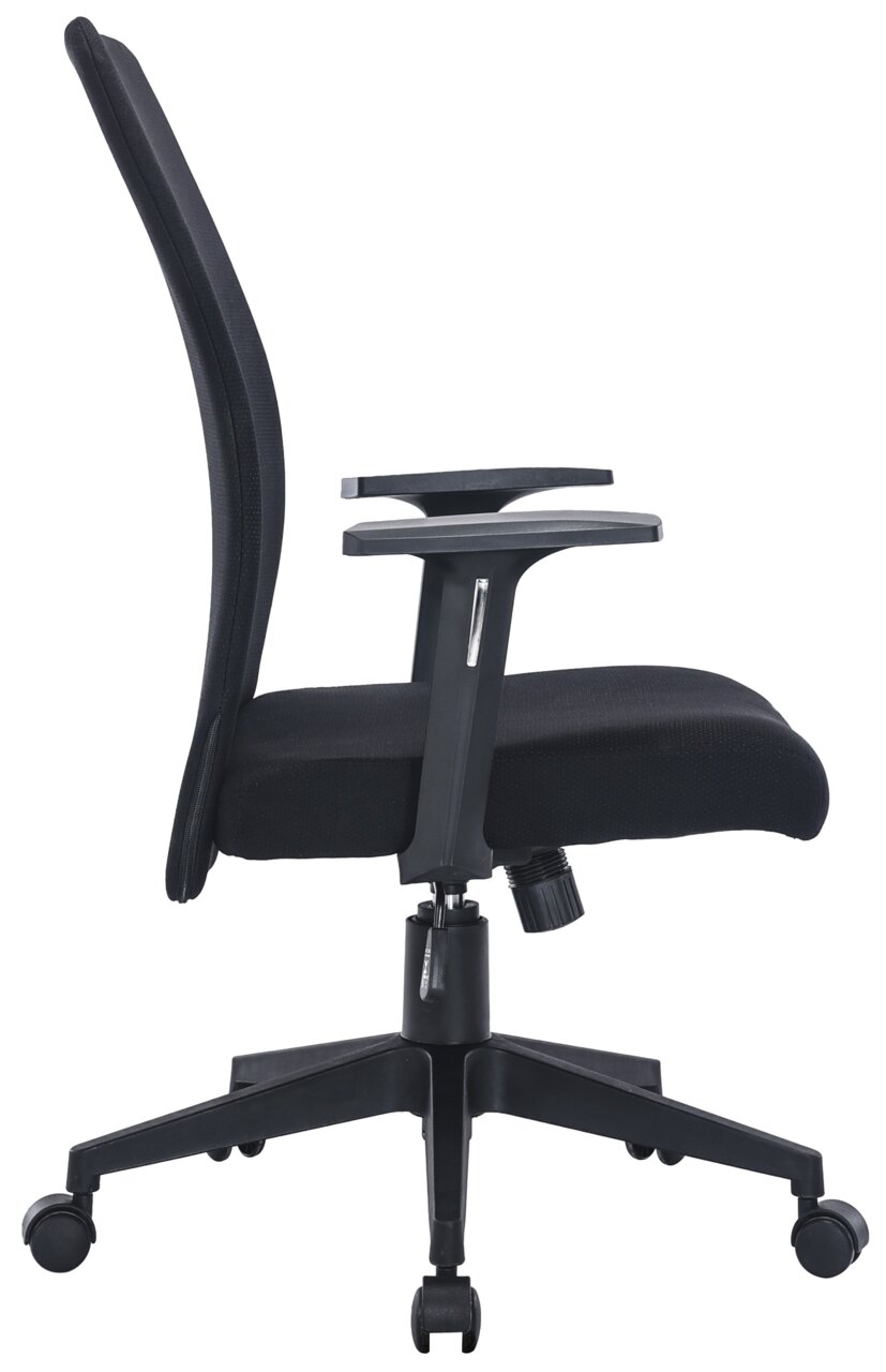 Schwarzer Drehstuhl von der Seite mit Armlehnen und Rollen