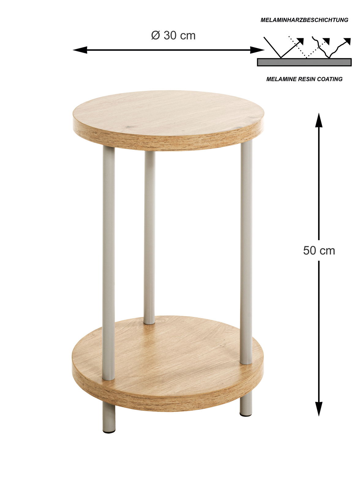 Runder Beistelltisch mit zwei Ebenen, melaminharzbeschichtet, Durchmesser 30 cm, Höhe 50 cm, seitliche Perspektive