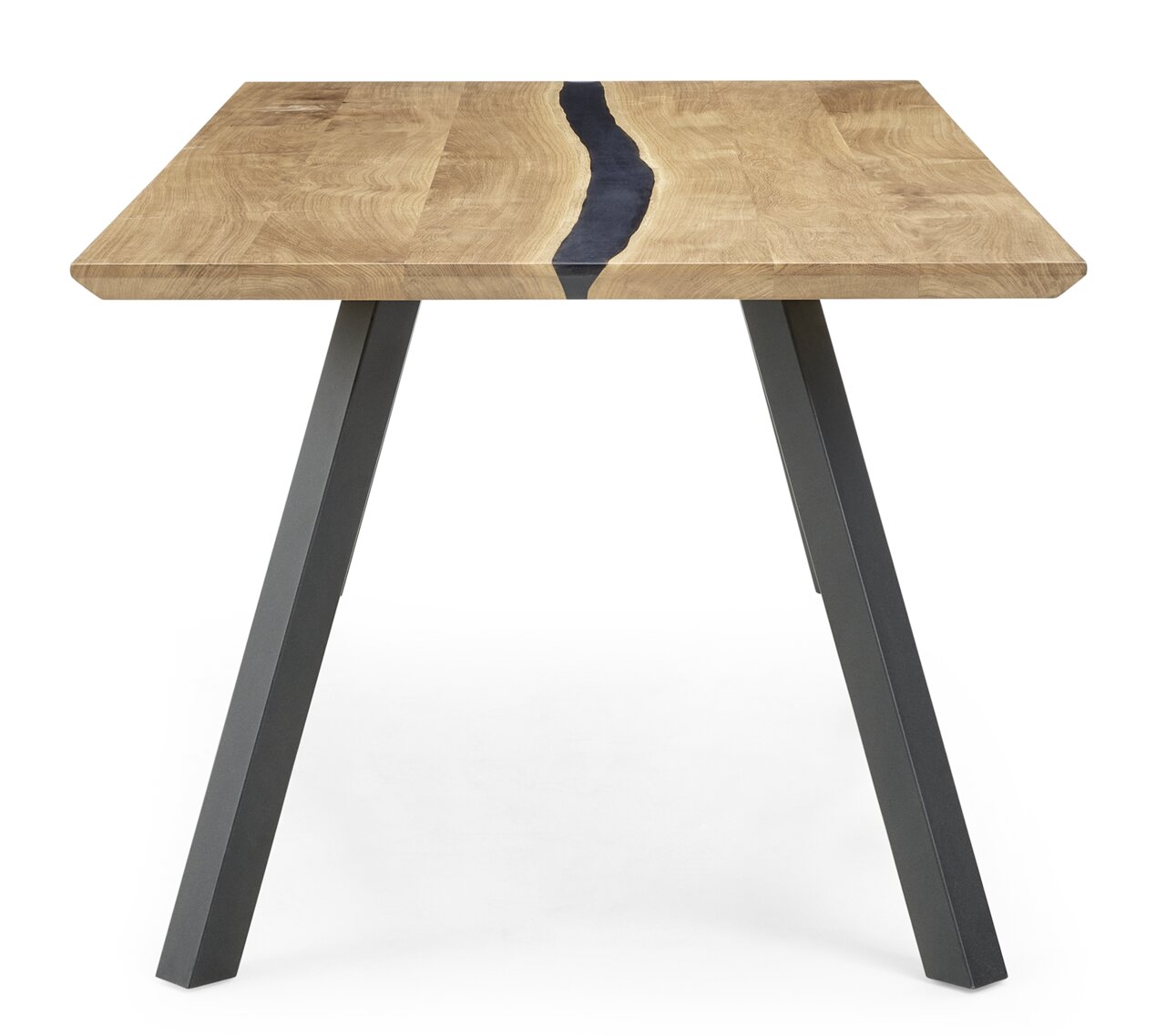 Esstisch aus Holz mit schwarzem Akzent in der Mitte und schrägen Metallbeinen, Frontalansicht