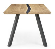 Esstisch aus Holz mit schwarzem Akzent in der Mitte und schrägen Metallbeinen, Frontalansicht