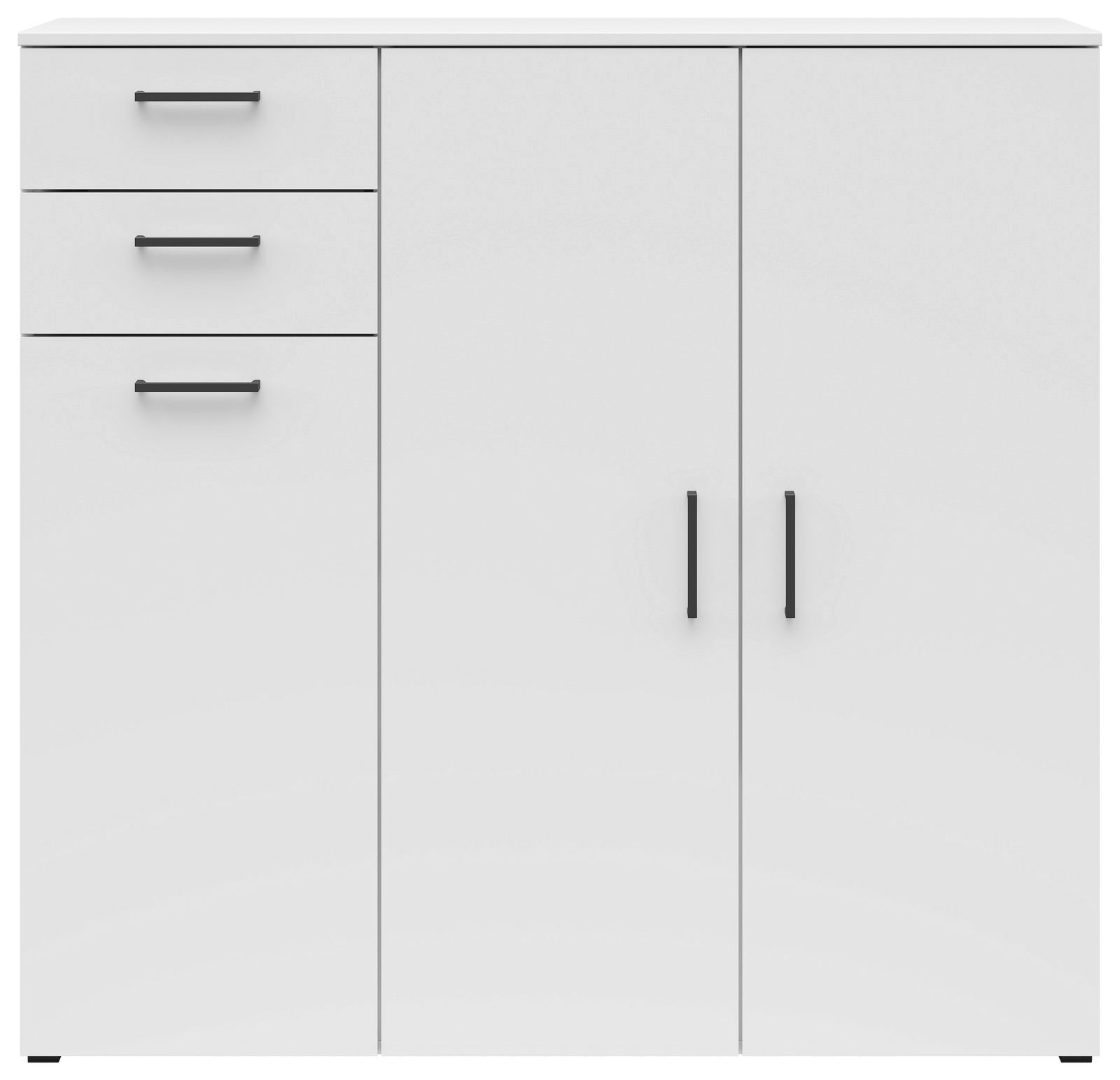 Weiße Kommode mit drei Schubladen und zwei Türen, frontal betrachtet.