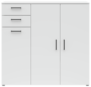 Weiße Kommode mit drei Schubladen und zwei Türen, frontal betrachtet.