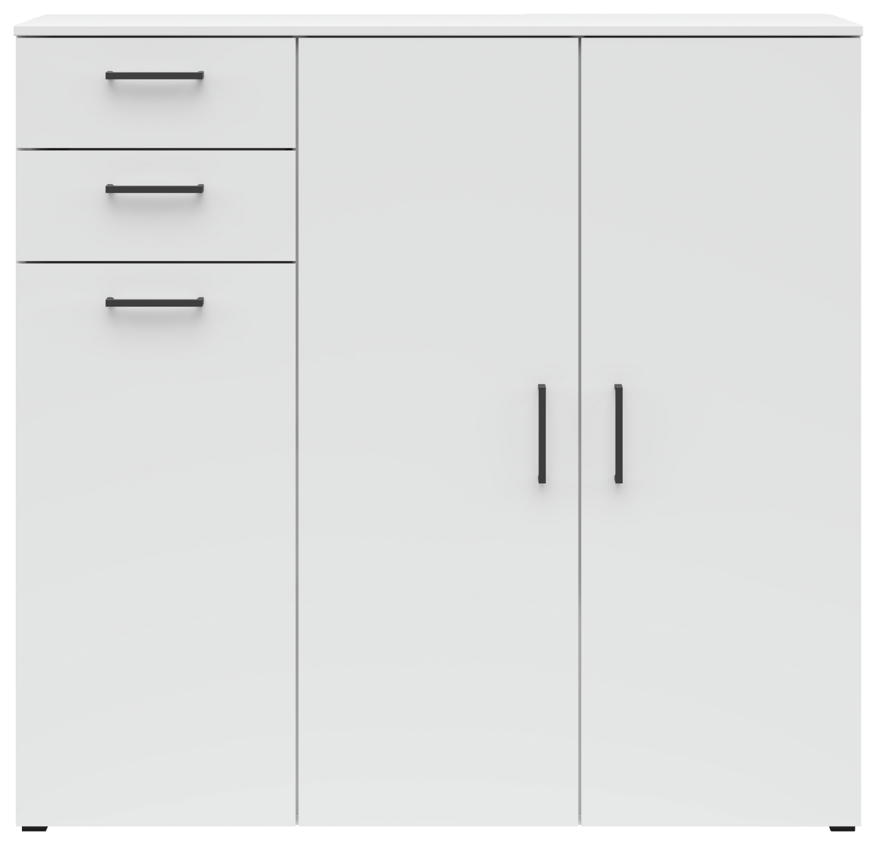 Weiße Kommode mit drei Schubladen und zwei Türen, frontal betrachtet.