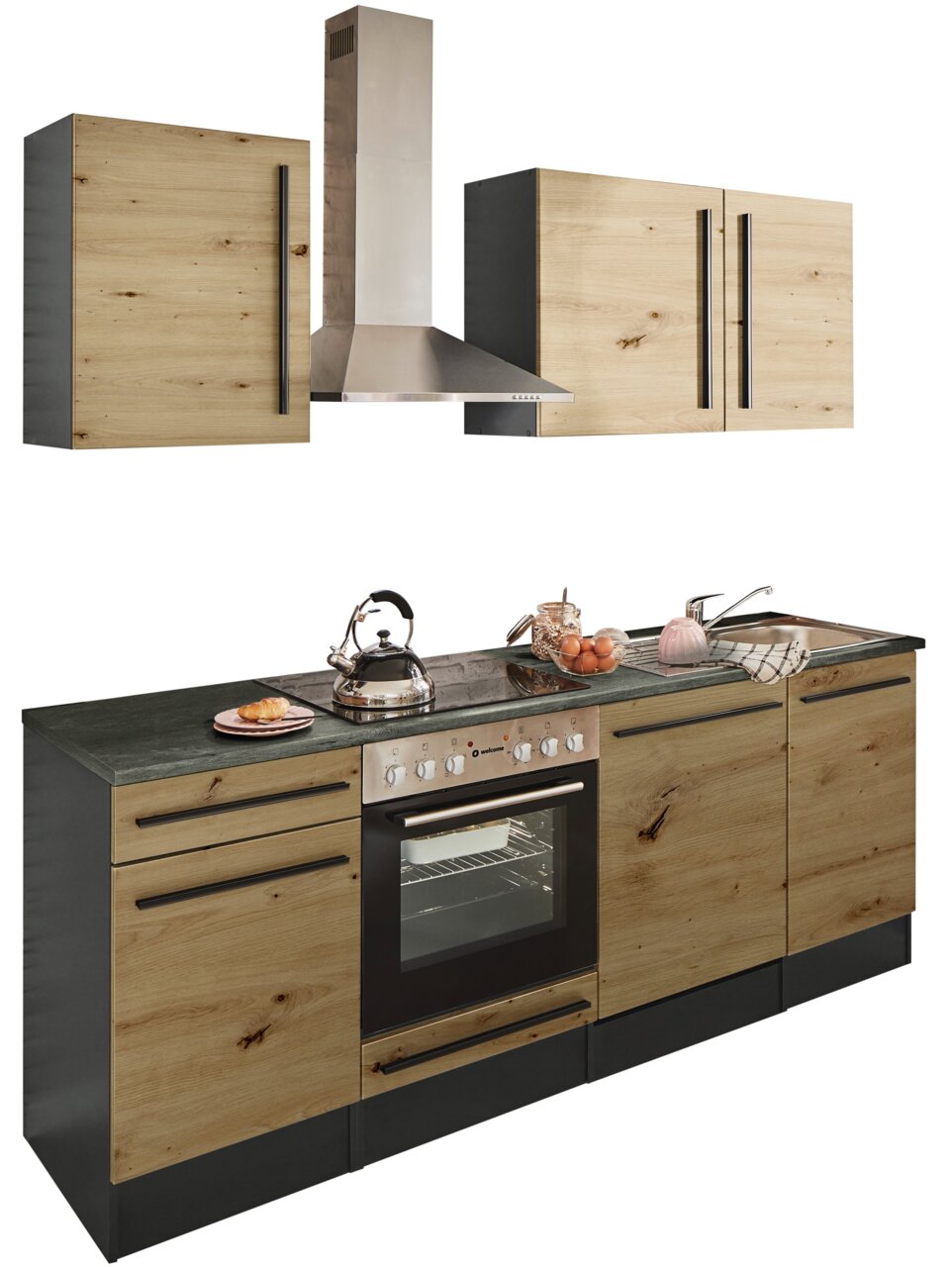 Yourkitchen Küchenblock 220 JAZZ Küchenblock 220 mit Holzoptik, bestehend aus Unterschränken mit integriertem Herd und Spüle, sowie Hängeschränken und Dunstabzugshaube, frontal abgebildet.