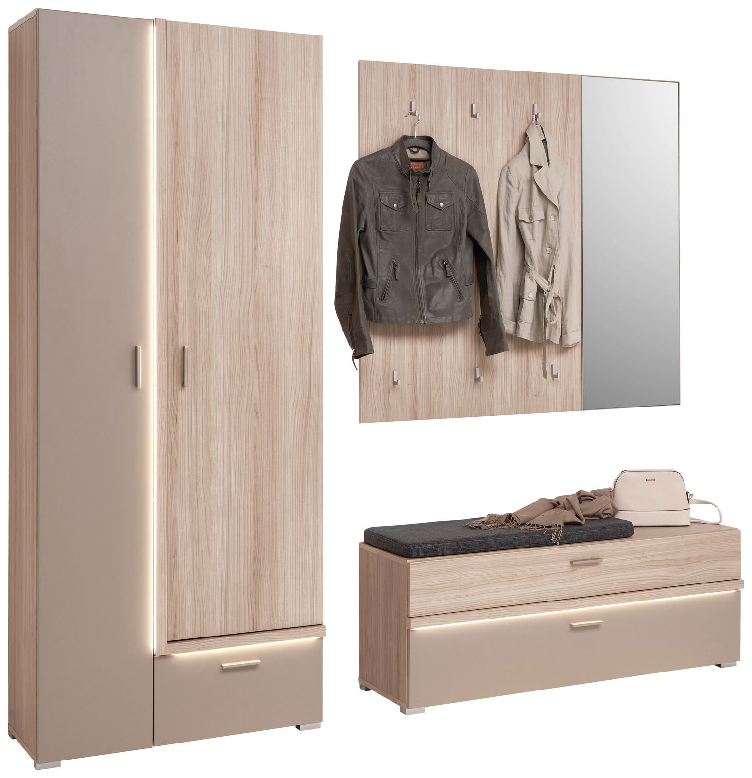 Garderobenkombination mit Schrank, Spiegel und Sitzbank in Holzoptik, seitliche Perspektive