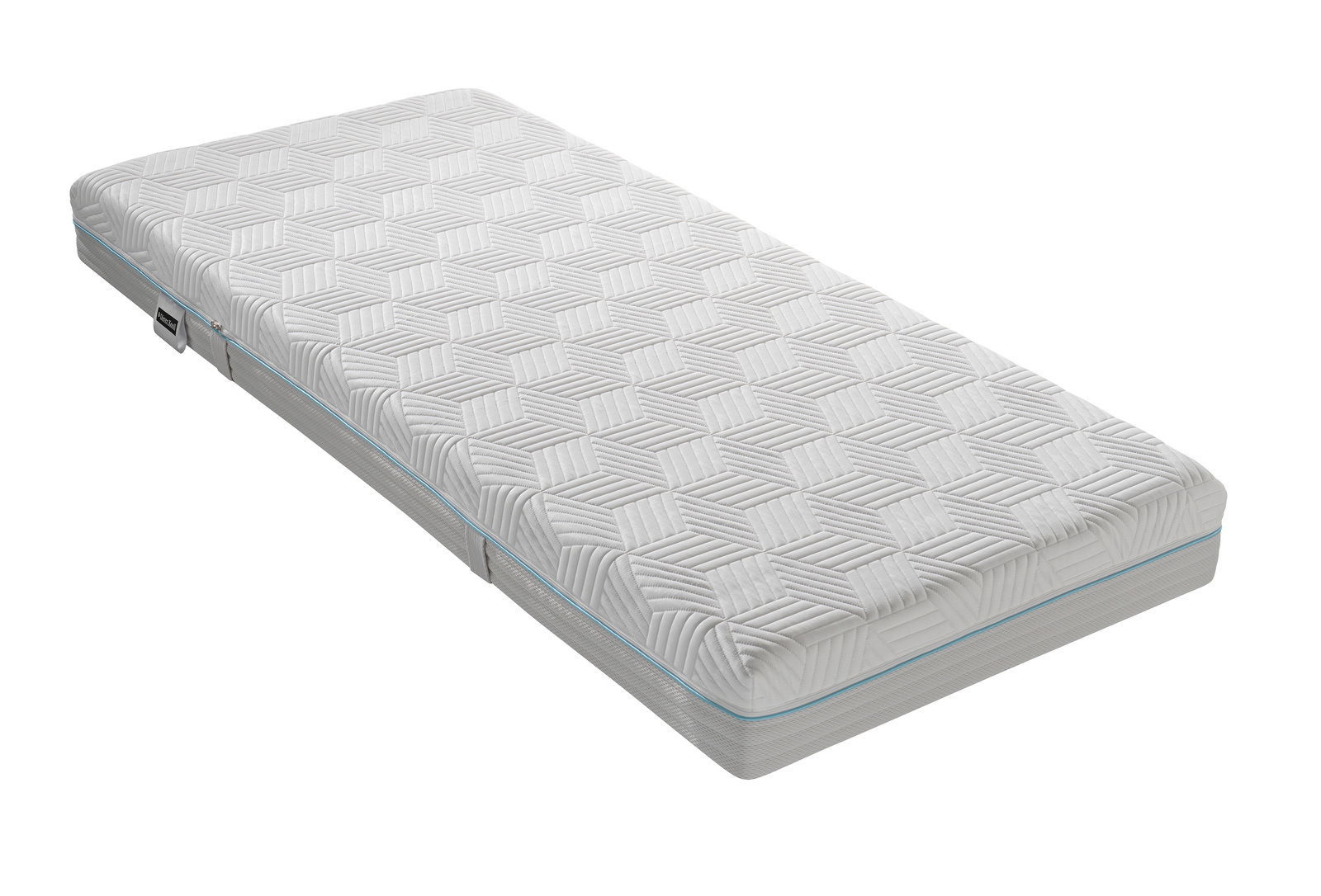 Dieter Knoll Gel-Kaltschaummatratze H2 OPTIFLOW GEL KS 20 Gel-Kaltschaummatratze in schräger Perspektive, mit geometrischem Muster auf der Oberfläche und blauer Kante.