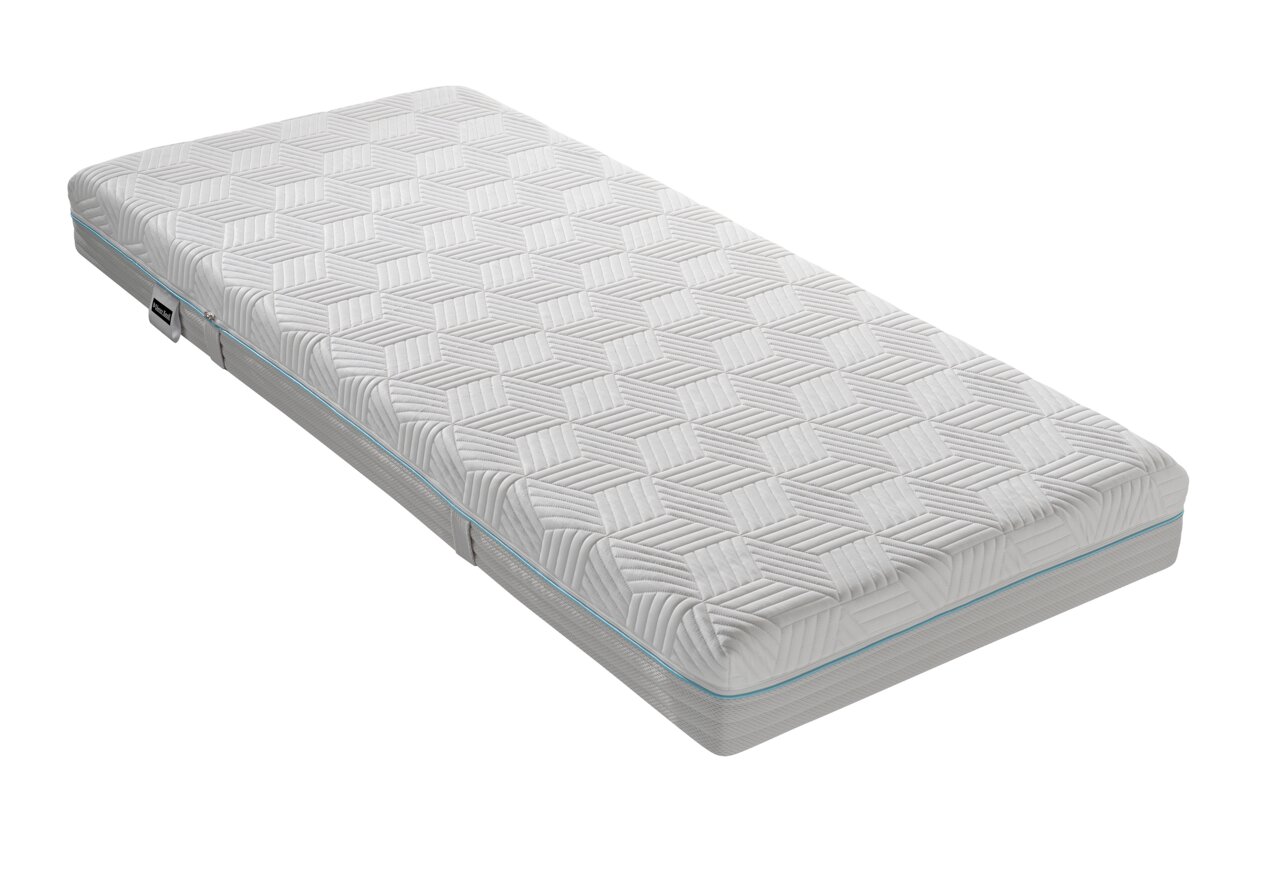 Dieter Knoll Gel-Kaltschaummatratze H3 OPTIFLOW GEL KS 20 Gel-Kaltschaummatratze in schräger Perspektive, mit geometrischem Muster auf der Oberfläche und blauer Kante.