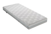Gel-Kaltschaummatratze in schräger Perspektive, mit geometrischem Muster auf der Oberfläche und blauer Kante.