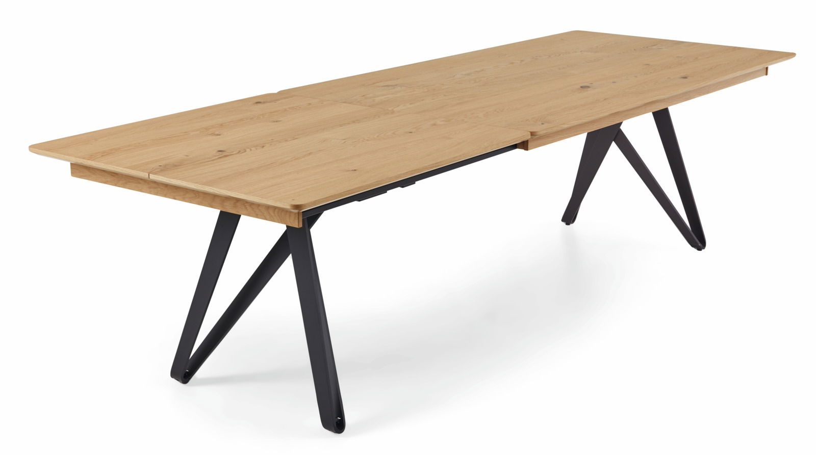 Moderner Esstisch aus Holz mit schwarzem Metallgestell, seitliche Perspektive