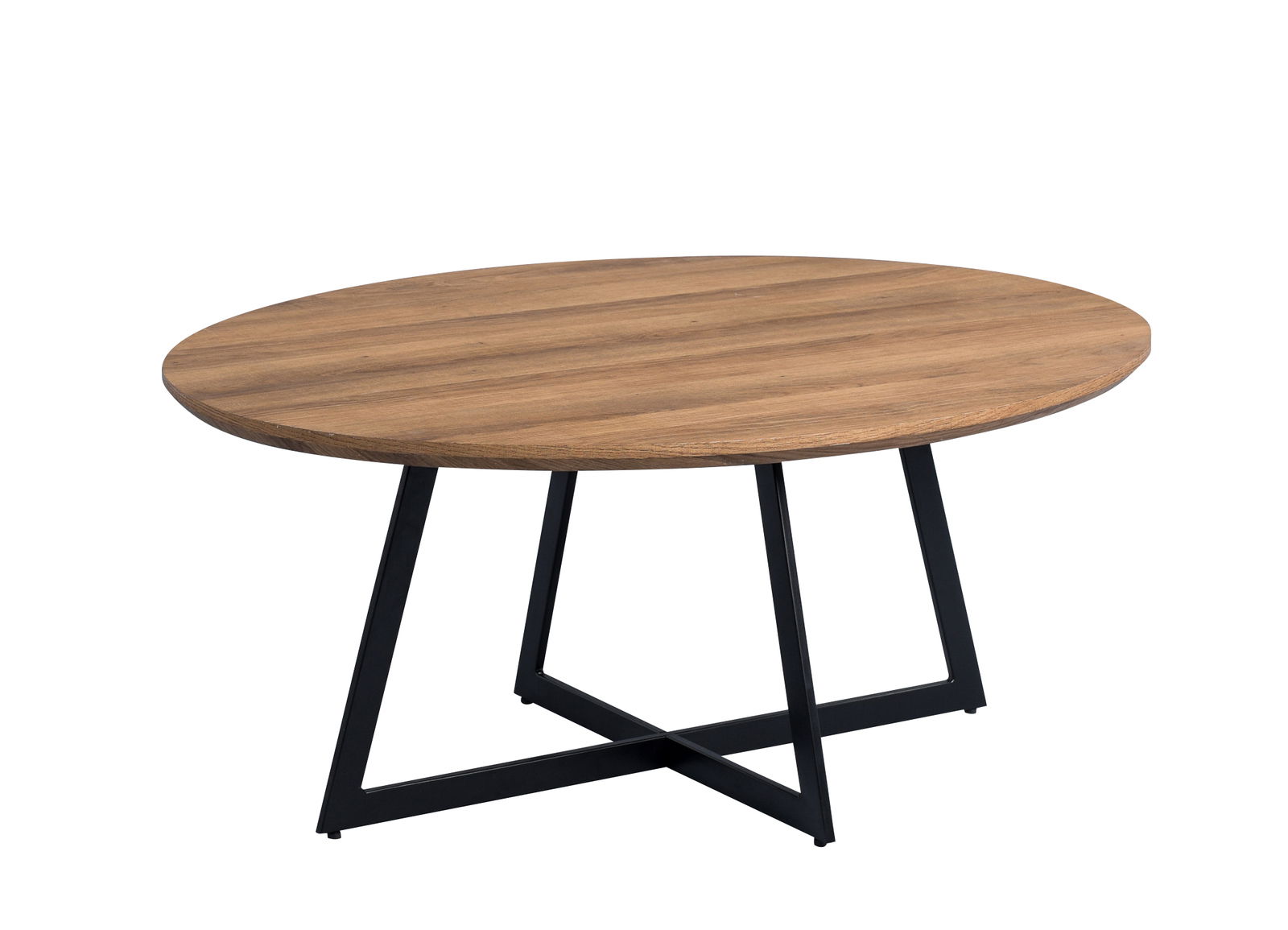 Runder Couchtisch mit Holzplatte und schwarzen Metallbeinen, seitliche Perspektive