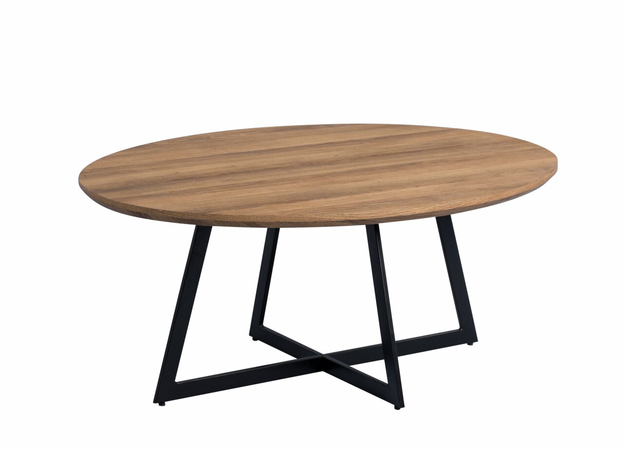 Runder Couchtisch mit Holzplatte und schwarzen Metallbeinen, seitliche Perspektive