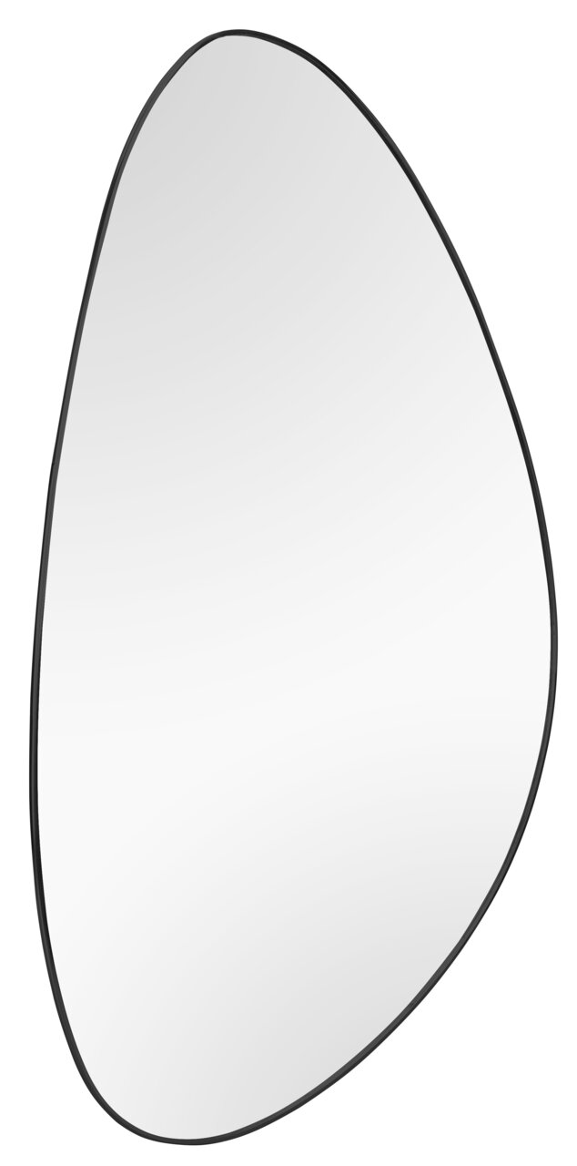 XORA Spiegel IDA Asymmetrischer Spiegel mit schwarzem Rand, perspektivisch von vorne gezeigt.