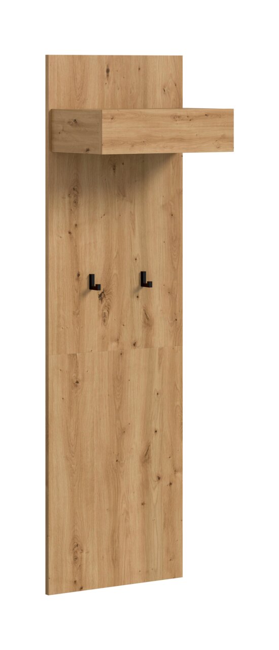 MID.YOU Garderobenpaneel DRIVE Frontansicht einer minimalistischen Wandgarderobe aus hellem Holz mit sichtbarer Maserung, Ablageleiste und zwei schwarzen Haken
