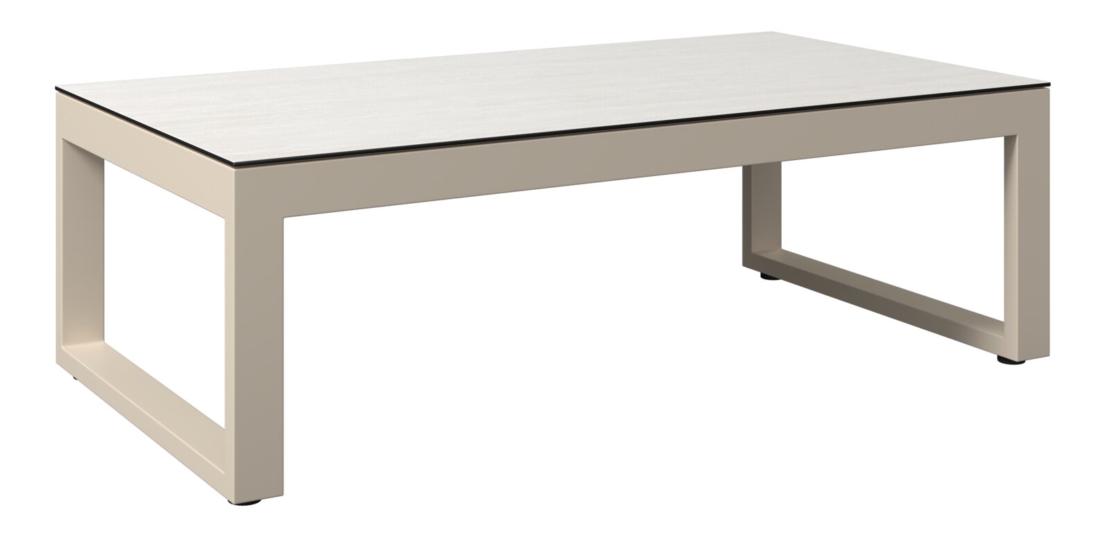 Moderner rechteckiger Tisch mit hellem Holzfurnier und beigen Metallbeinen, seitliche Perspektive