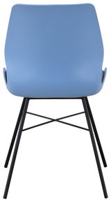 Rückansicht eines blauen Stuhls mit schwarzen Metallbeinen