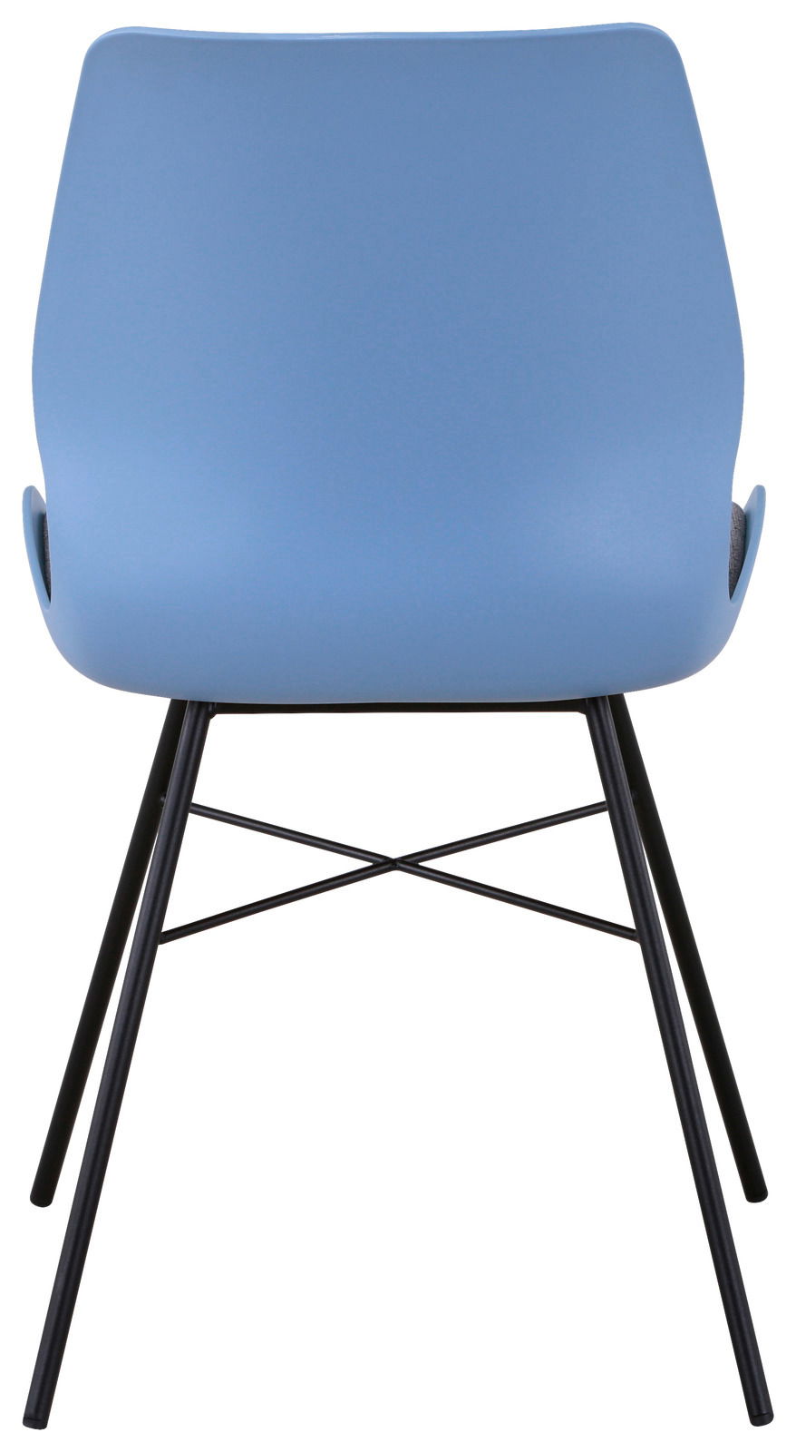 Rückansicht eines blauen Stuhls mit schwarzen Metallbeinen