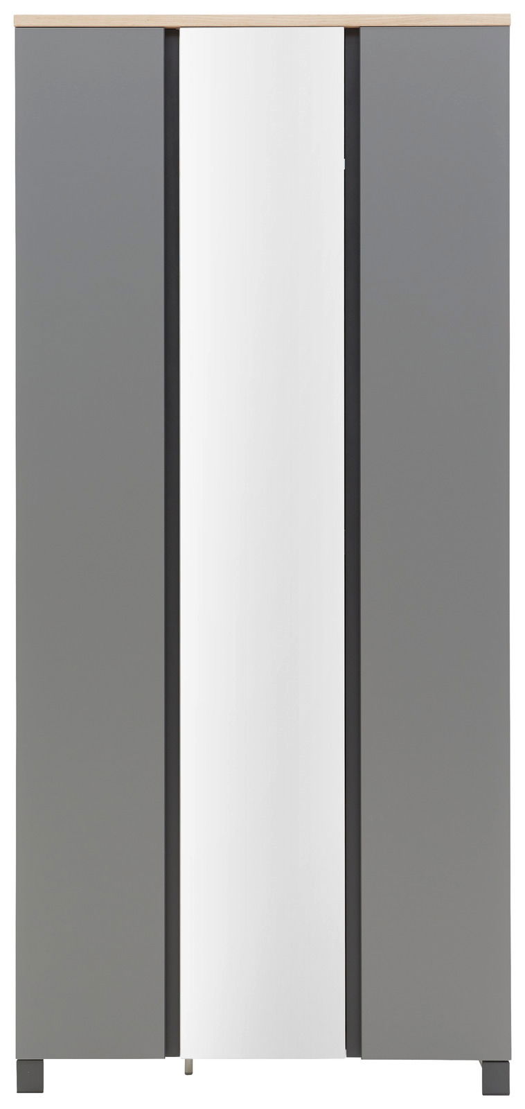 Frontansicht eines modernen Dielenschranks der Serie SORRENT von Dieter Knoll mit grauen Türen und einem zentralen Spiegel.