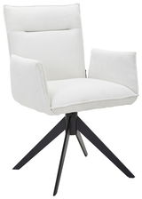 Weißer Armlehnstuhl mit gestreiftem Stoffbezug und schwarzem Metallgestell, seitliche Perspektive